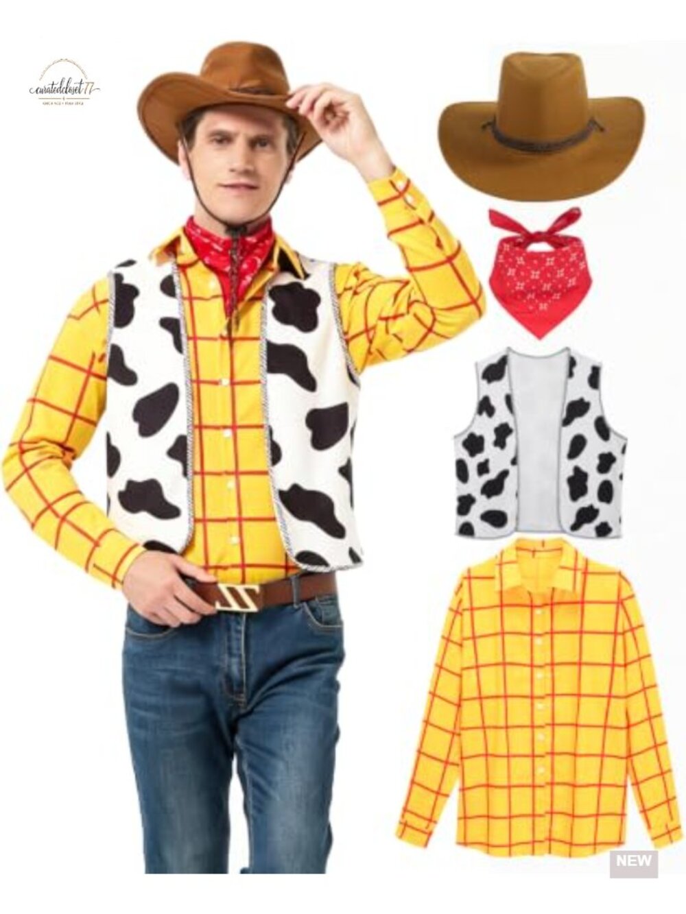 Adult Cowboy Sheriff Halloween Costume Set Plaid Shirt Vest Hat